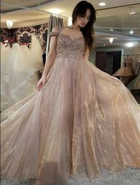 Stunning Elegant Evening Dresses Off Shoulder Short Sleeves Beads Appliques Tulle A Line Prom Dresses Backless Zipper Sweep Train Women Gown