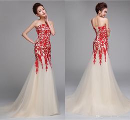 High Quality New Bra Champagne Long Party Prom Dresses Fashion Red Lace Fishtail Slim Sleeveless Evening Dresses