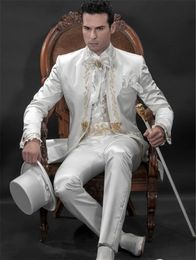 Embroidery Groomsmen Mandarin Lapel Groom Tuxedos White Men Suits Wedding/Prom/Dinner Best Man Blazer ( Jacket+Pants+Tie ) K221