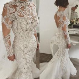 Luxuriöse Meerjungfrau-Hochzeitskleider mit Strasssteinen, Stehkragen, Spitze-Applikation, Brautkleider, Perlen-Hochzeitskleid mit langen Ärmeln, Tüll-Brautkleid