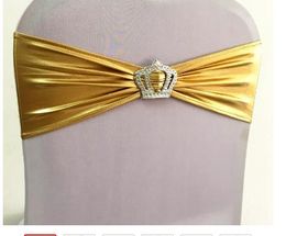 100pcs Shiny Metallic Gold Spandex Lycra Chair Sash Bands With Crown Buckle Bronzing Banquet Stretch Chair Bow Ties