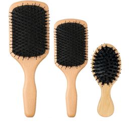 Massage hair brush natural bristle air cusion wooden comb anti-static straight caring curling hair beauty tool for woman and man