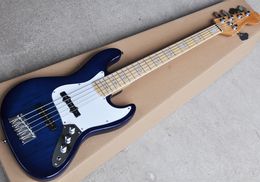 Factory Wholesale 5 Strings Transparent Blue Electric Bass Guitar with Ash Body,MapleFingerboard,White Pickguard