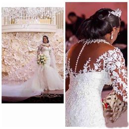 2019 Sheer Lace Appliques Long Sleeves Mermaid Wedding Dresses Beading Custom Made Bridal Gowns Formal Plus Size Vestidos De Marrage