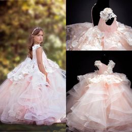 Blush Pink Crew Neck Tulle A Line Flower Girl Dresses 3D Floral Beaded Tiered Ruffles Floor Length Girls Pageant Dresses BC2992