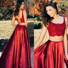 Dark Red 2019 Two Pieces Prom Dresses Scoop Neck Sleeveless Lace Appliques Corset Open Back Crop Top Floor Length Evening Gown with Split