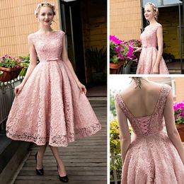 Fashion Bateau Lace Bodice Gown Bridesmaid Dresses Maid of Honour Beach Cap Sleeves Tea-length Lace-up Back