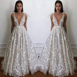 Sexy Deep V-Neck Flowers Prom Dress Charming Bow Spaghetti Straps Gowns Custom Made A-Line Long Bride Dresses