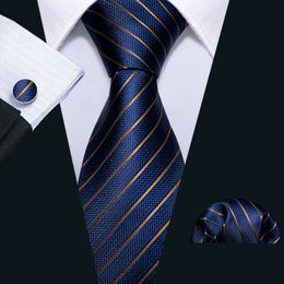 -Livraison rapide Soie Cravates de soie Mens 100% Designers Mode Navy Bleu Cravate à rayures Hanky ​​Boutons de manchette Hanky ​​Ensembles pour Génie de mariage Formelle de Mens N-5032