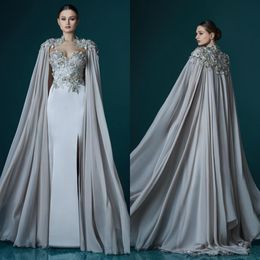 Split Prom Elegant Dresses Grey Chiffon Long Cloak Lace Appliqued Beads Formal Evening Gowns Sexy Vintage Vestidos Party Pageant Dress