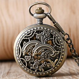 Steampunk Antique Hollow Out Dolphins Design Watches Women Men Hand Wind Mechanical Pocket Watch Skeleton Clock Timepiece Pendant Chain