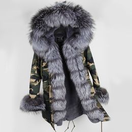 High quality silver fox fur Threshold trim winter women snow coats dark grey fox rabbit fur lining Camouflage shell long parkas Sweden