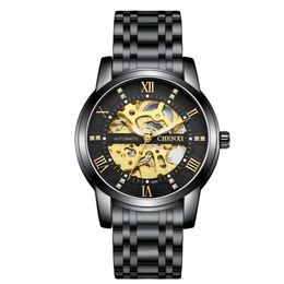 CHENXI Waterproof Wristwatch Automatic Movement Luminous Pointer Hollow Out Dial Gold Dial Stainless Steel Strap Watch for Men