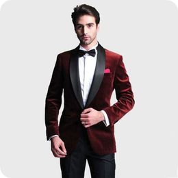 Latest Design One Button Dark Red Velvet Groom Tuxedos Shawl Lapel Men Suits 2 pieces Wedding/Prom/Dinner Blazer (Jacket+Pants+Tie) W719