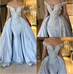 2019 Zuhair Murad Mermaid Prom Dresses Blue Plus Size Off Shoulder Sleeveless Evening Gowns Detachable Train Luxury Pageant Party Gowns