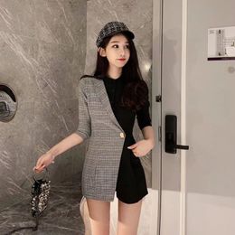 Frauen Blazer 2019 Beiläufige Lange Frauen Jacke Koreanische Mode Kleidung Schwarz Grau Patchwork Farbe Halbe Hülse Tops