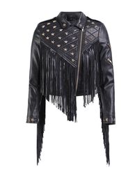 Pentagram Sequins Tassel Women's Pu Leather Jackets Punk Motorcycle Biker Zip Rivet Spliced Slim Woman's Faux Fur Spring Short Suede Coats S