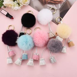 Real Rabbit Fur Ball Keychain Key Ring Chain Tassel Diamond Women Girl Metal Pom Poms Plush Car Keyring Holder Fashion Bag Charm Accessories