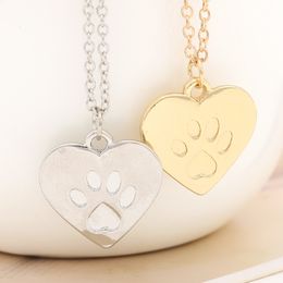 Women Dog Paw Pendant Necklace Heart Shape Fashion Personality Simple Alloy Love Necklace Gold Silver Color Link Chain Jewelry Accessories