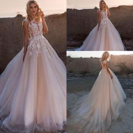 Blush Pink New Sexy Bohemian Cheap A Line Wedding Dresses Cap Sleeves Lace Appliques Vestidos Wedding Dress Plus Size Formal Bridal Gowns