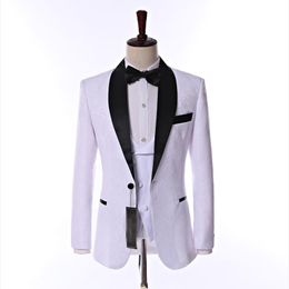 Latest Design Side Vent One Button White Paisley Groom Tuxedos Shawl Lapel Groomsmen Mens Wedding Party Suits (Jacket+Pants+Vest+Tie) K16
