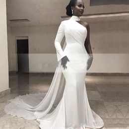 High Neck White Evening Gown with Cape One Shoulder Long Sleeve Pageant Dress Custom Formal Occasion Dress Custom