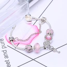 Wholesale- European Charm Pink Bead Pandora Bracelet for Women's Heart Key Pendant Snake Bone Bracelet Jewellery