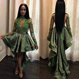 emerald evening gowns Australia - 2020 Sexy Emerald Green Black Girls High Low Prom Dresses See Through Appliques Long Sleeves Evening Gowns Cocktail Party Dresses