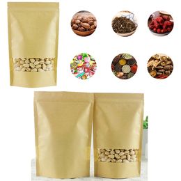100pcs Packing Zip lock Kraft Paper Window Bag Stand up Gift Dried Food Fruit Tea packaging Pouches Zipper Self Sealing Bags