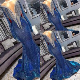 New Royal Blue Sequined Lace Prom Dresses Arabic Off Shoulder Long Sleeves Mermaid Sequins Crystal With Tassels Party Dress Evening Gowns