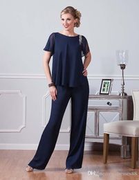 Navy Blue Chiffon Pants Suits For Mother Of The Bride Jewel Neckline Cheap Dresses Party Evening For Wedding Mothers Guest Dress Custom