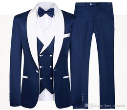 Burgundy Wedding Men Suits White Shawl Lapel Three Piece Jacket Double Breasted Vest Pants Slim Fit Groom Tuxedos