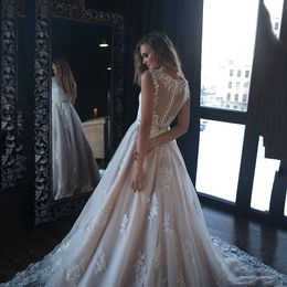 Champagne A Line Wedding Dresses Deep V Neck Country Style Lace Appliqued Bridal Gowns Custom Made Tulle Wedding Dress312L