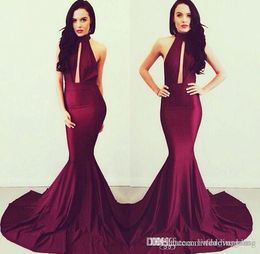 2019 Michael Costello Burgundy Wine Red Evening Dress Sexy High Neck Backless Women Wear Special Occasion Dress Prom Party Gown