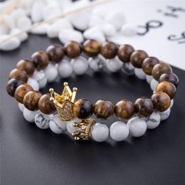 2PC/Set Stone Bracelet Lovers Valentine's Day Gift Couple Bracelets Handmade Black & White Beads Crown King Charm