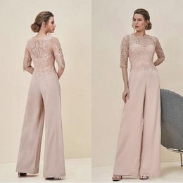 2019 New Design Women One Piece Jumpsuits Dresses Evening Wear Pearl Pink Lace Bodice Chiffon Column Pants Half Length Sleeves Women Rompers