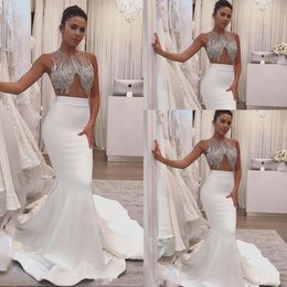 2021 Sexy Arabic Mermaid Wedding Dresses Formal Bridal Gowns Jewel Neck Illusion Sheer Sleeveless Crystal Beaded Backless Long Sweep Train Plus Size