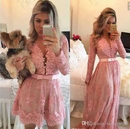 Setwell Two Pieces Short Prom Dresses Detachable Skirt Pink Lace Long Sleeve Evening Dress Beaded Applique Lace Homecoming Dress