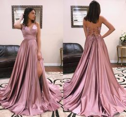 Blush Pink Sexy Prom Dresses A Line Long V Neck Simple Cheap High Side Split Backless Floor Length Long Evening Party Gowns Custom Made