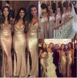 2020 New Sparkly Mermaid Rose Gold Sequined Bridesmaid Dresses Spaghetti Straps Ruched Side Split Backless Wedding Guest Maid of Honour Gown