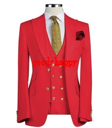 Fashion Red Men Wedding Tuxedos Peak Lapel Two Button Groom Tuxedos Excellent Men Jacket Blazer 3 Piece Suit(Jacket+Pants+Tie+Vest) 1828