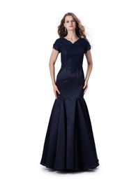 Navy Blue Mermaid Satin Long Modest Bridesmaid Dresses With Cap Sleeves V Neck Sequined Lace Women Modest Evening Party Dresses Custom Made