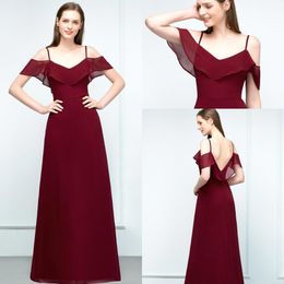 2020 Burgundy Chiffon Bridesmaid Dresses Cheap Custom Made A Line Garden Beach Boho Bröllop Gästklänning Golvlängd Prom Dress BM0253