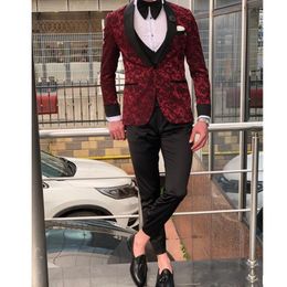 Latest Design One Button Wine Embossing Wedding Men Suits Shawl Lapel Three Pieces Business Groom Tuxedos (Jacket+Pants+Vest+Tie) W1120