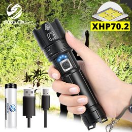 Super bright XHP70.2 LED Flashlight With battery display Waterproof Tactical LED Torch Telescopic zoom Used for adventure, hunt