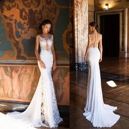 Covered Button Mermaid Wedding Dresses Jewel Neck Appliques Beads Lace Sheath Wedding Dress Sweep Train Bridal Gown