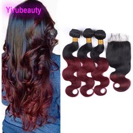 Brazilian Virgin Hair 3 Bundles With 4X4 Lace Closure 1B/99J Body Wave Bundles With Baby Hair Closure 4 Pieces/lot 1B 99J Hair Extensions