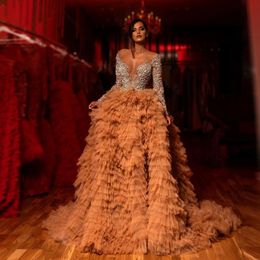 Luxurious Gold Tiered Tulle Evening Dresses Beaded Crystals Sheer Neck Prom Dress Long Sleeves Formal Gowns Vestidos de gala