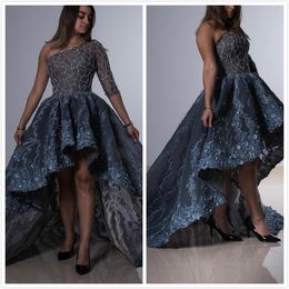 2020 Arabic Aso Ebi Navy Blue Luxurious Evening Dresses Lace Beaded Prom Dresses Sheer Neck Formal Party Second Reception Gowns ZJ102