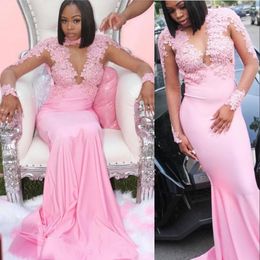 Cheap Pink New Sexy Arabic Long Sleeves Mermaid Prom Dresses High Neck Illusion Lace Appliques Beads Formal Evening Gowns Wear Party Dress